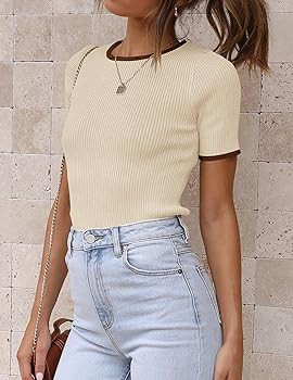 ZESICA Women's Short Sleeve Crewneck Ribbed Knit Slim Fit T Shirt 2023 Summer Basic Casual Color ... | Amazon (US)