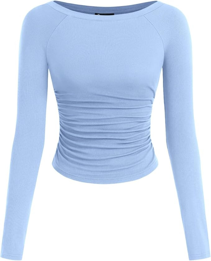 PRETTYGARDEN Long Sleeve Shirts for Women 2025 Fall Ruched Sides Boat Neck Basic Tee Casual Fitte... | Amazon (US)