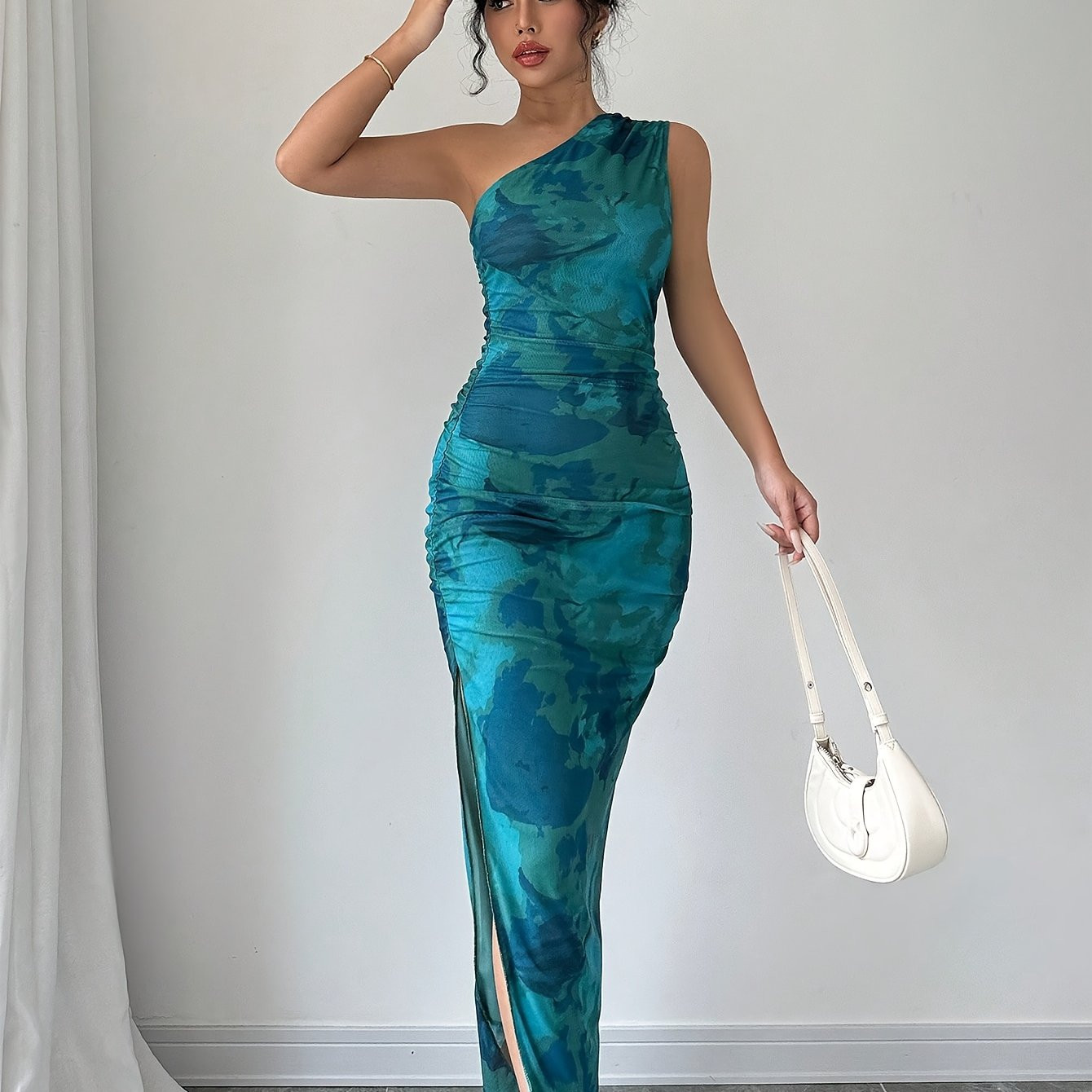 elegant one shoulder teal tie dye print ruched bodycon midi - Temu Canada | Temu Affiliate Program