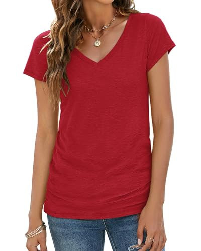 Sherosa Red T Shirts for Women V Neck Short Sleeve Tops Casual Cotton Loose Fit Tees Tshirts Red M | Amazon (US)