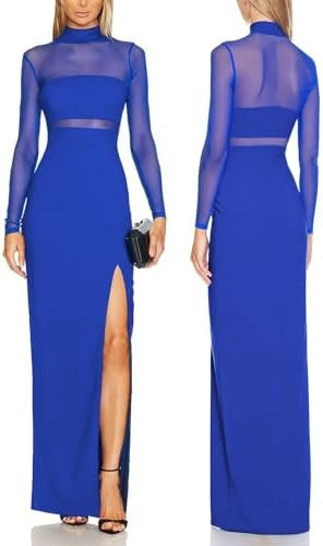 Aigeman Women See Through Mesh Long Sleeves Maxi Dress Turtleneck Bodycon Long Dresses Side Slit ... | Amazon (US)