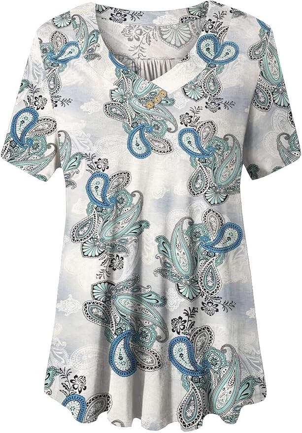 FOLUNSI Women’s Plus Size Short Sleeve Henley Shirt V Neck Floral Blouses Tunic Tops M-4XL     ... | Amazon (US)