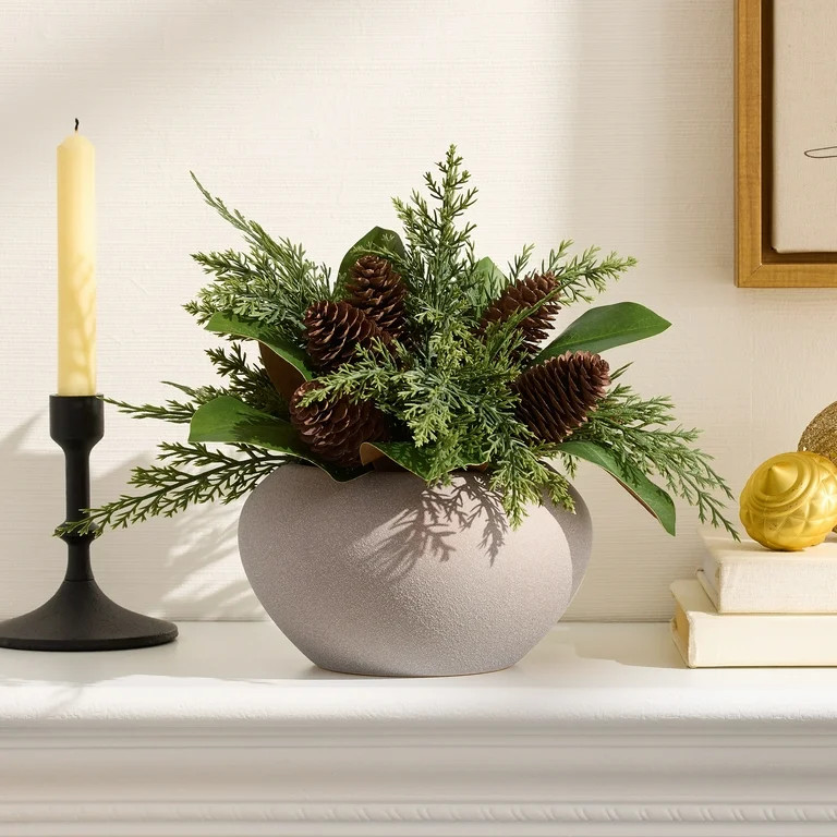 Better Homes & Gardens Faux Magnolia Leaves & Cypress Pinecone Arrangement in Ceramic Vase - Walm... | Walmart (US)