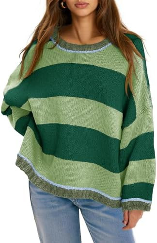 Fisoew Womens Oversized Sweaters Casual Long Sleeve Striped Color Block Crewneck Knitted Loose Fa... | Amazon (US)