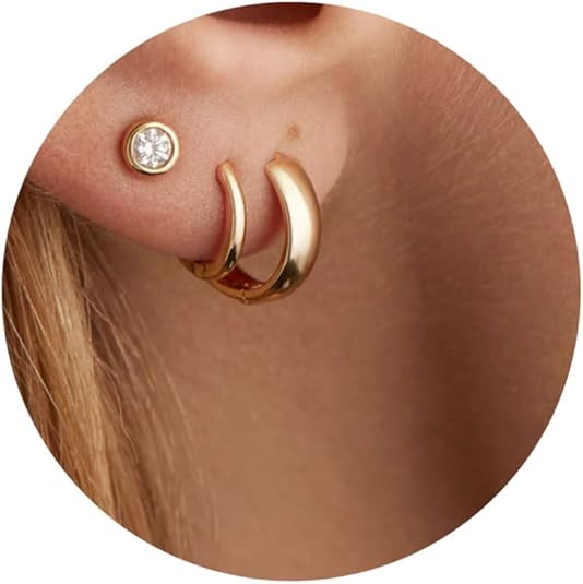 3 Gold Hoop Earrings Set, Stack Small Huggie Hoops & Studs Chunky Gold Earrings, Hypoallergenic T... | Amazon (US)