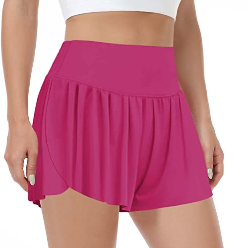 Womens 2 in 1 Flowy Butterfly Shorts with Pocket Running Athletic Workout Shorts Casual High Waisted Tennis Skirts Hot Pink Large | Amazon (US)