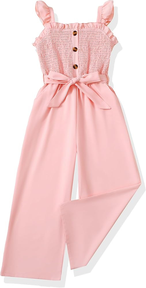 SODLON Girls Jumpsuit Kids Clothes Fashion Ruffle Sleeveless Wide Leg Belted Romper Smocked Summe... | Amazon (US)