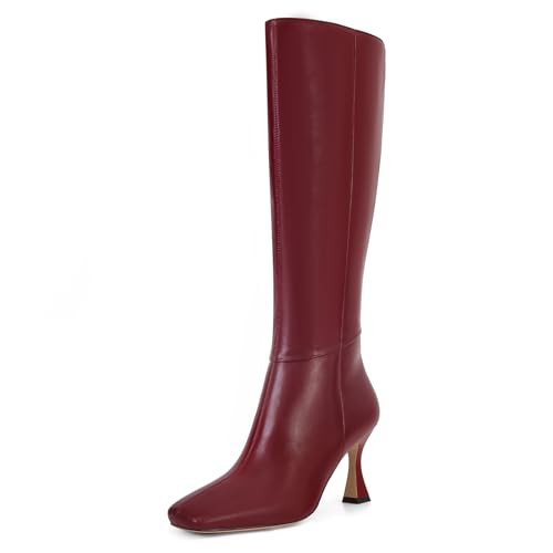 Dsevht Red Leather Knee High Boots for Women Stiletto Kitten Heeled Sexy Tall Boots Square Toe and Side Zipper Design Fashion Dress Boots | Amazon (US)
