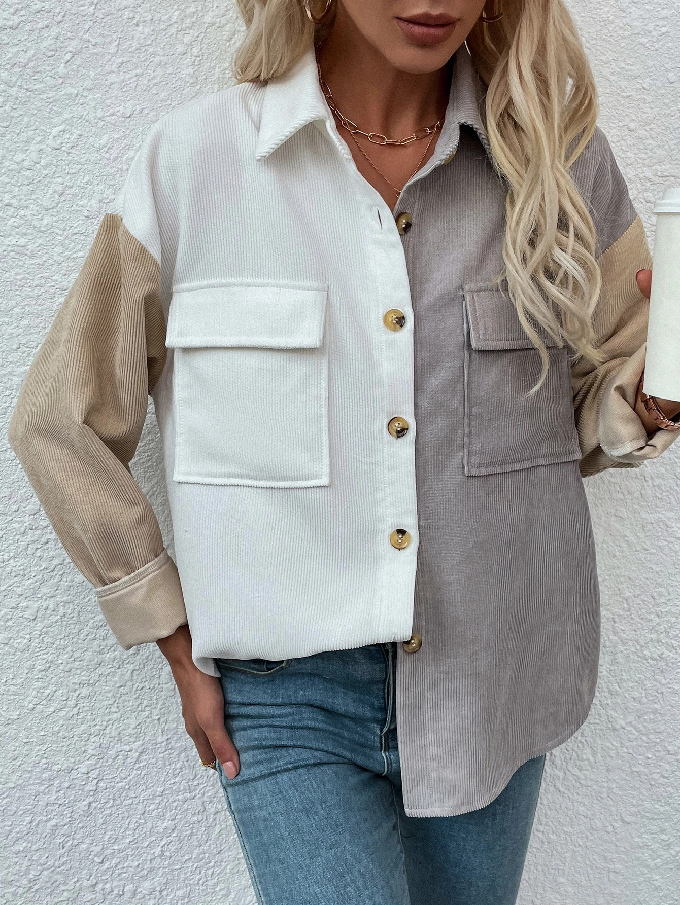 Color Block Flap Pocket Drop Shoulder Corduroy Coat | SHEIN