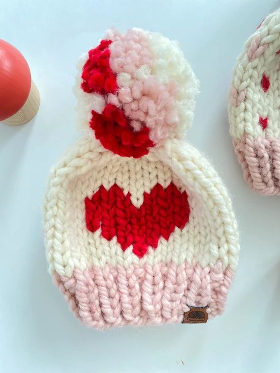 Large Heart Pom Pom Beanie  Hand Knit Valentines Heart Hat | Etsy | Etsy (US)