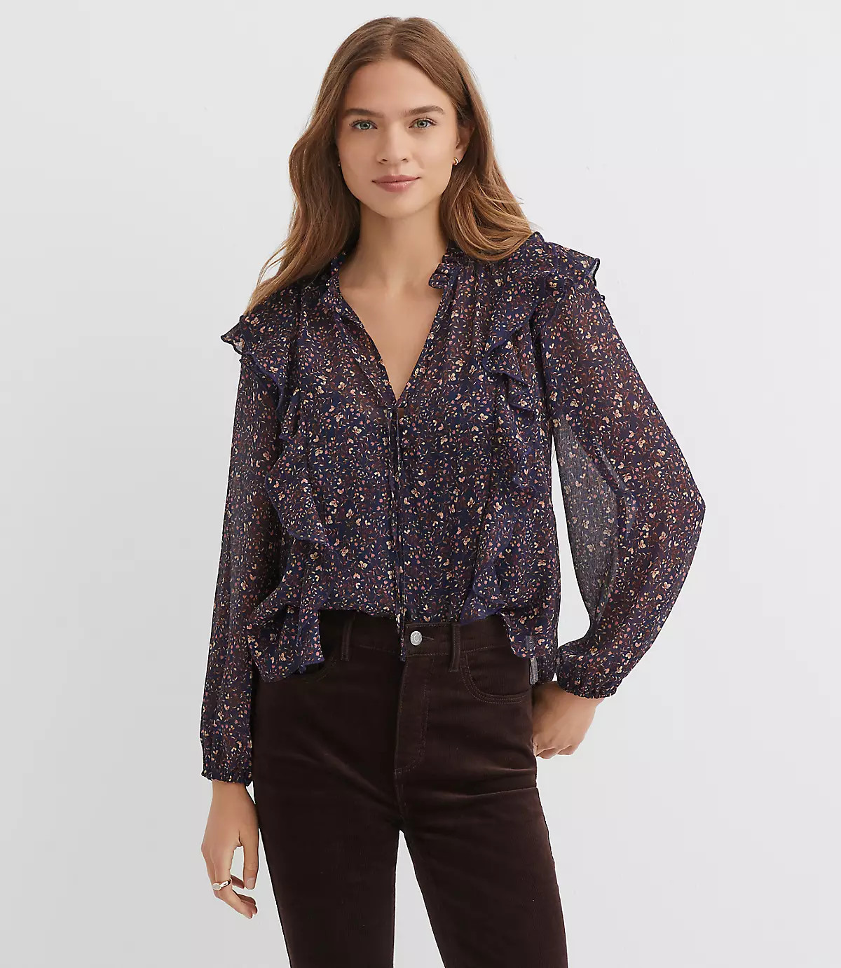 Floral Ruffle Button Tie Neck Blouse | LOFT