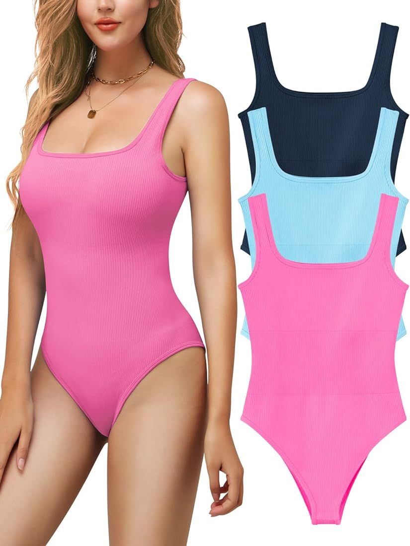 Ribbed Seamless Bodysuit for Women, Sleeveless Shapewear Tank Top for Tummy Control, Sexy Body Sc... | Amazon (US)