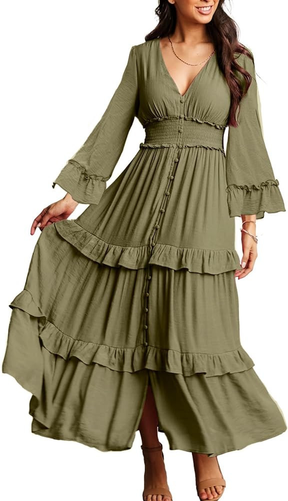 Women's V Neck Army Green Dress Olive Green Dress Olive Dress Green Maxi Dress Green Amazon Outfit | Amazon (US)