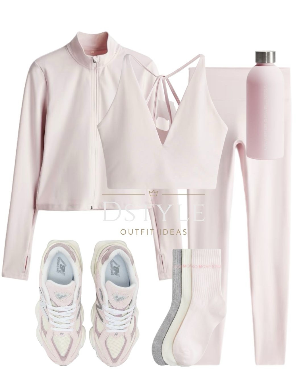 Light pink leggings, matching light pink jacket, light pink light support bra, pink water bottle, New Balance 9060 pink sugar, angora 

 #LTKFitness #LTKTravel #LTKShoeCrush