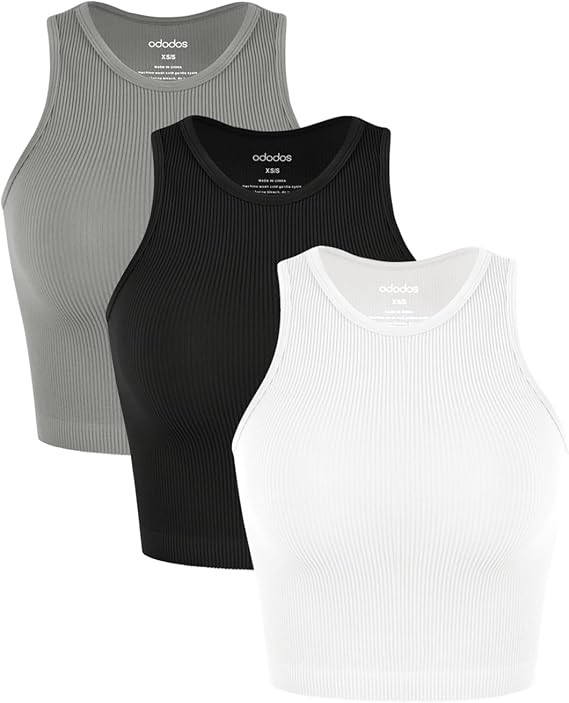 ODODOS 3-Pack Seamless Crop Tank for Women Ribbed Soft High Neck Cropped Tops | Amazon (US)