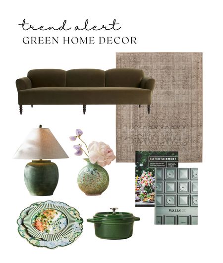 Trend alert, green home Decour
Green sofa
Green coffee table books
Green cookware
Green table lamp.
Green vase.
Green dishes

#LTKhome
