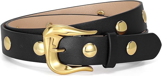 LEACOOLKEY Women Leather Belts for Jeans Dress Fashion Gold Black Leather Belt Women Studded Belt... | Amazon (US)