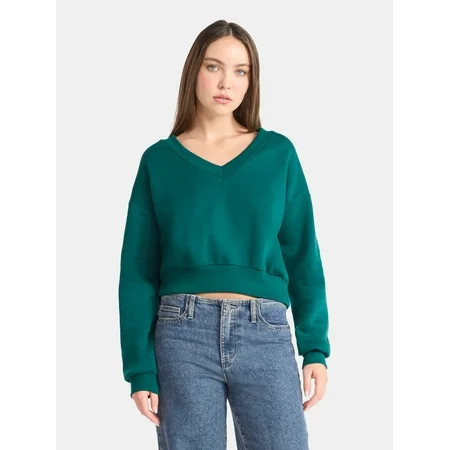 No Boundaries V-Neck Fleece Cropped Sweatshirt Women s | Walmart (US)