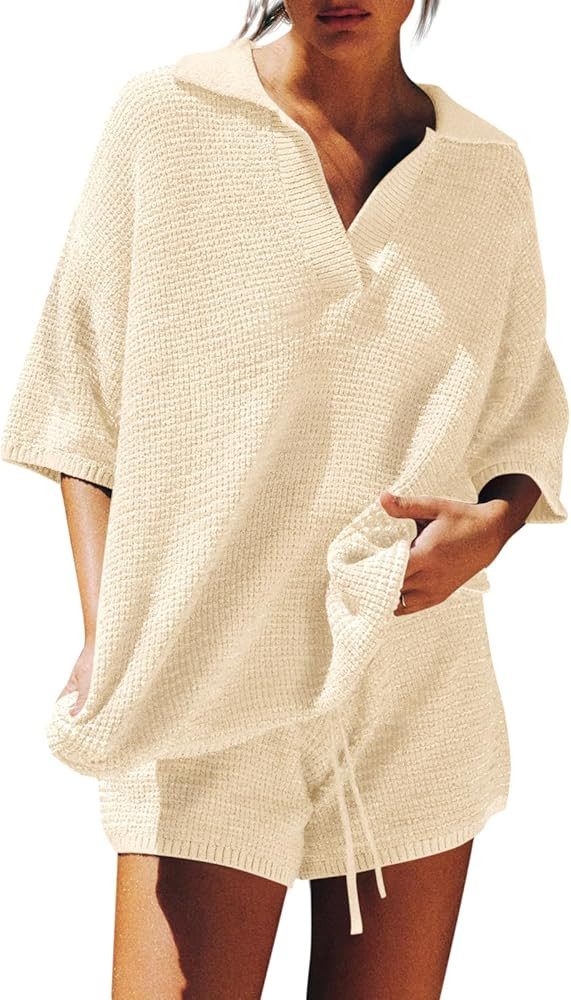 Tankaneo Womens Sweater Set 2 Piece Outfits Oversized 3/4 Sleeve V Neck Knit Tops High Waisted Sh... | Amazon (US)