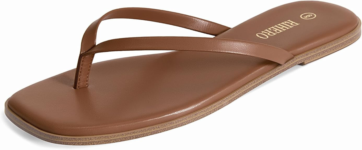 Rihero Flip Flops for Women Comfortable Square Toe Beach Sandals Slip On Leather Thong Flat Sanda... | Amazon (US)