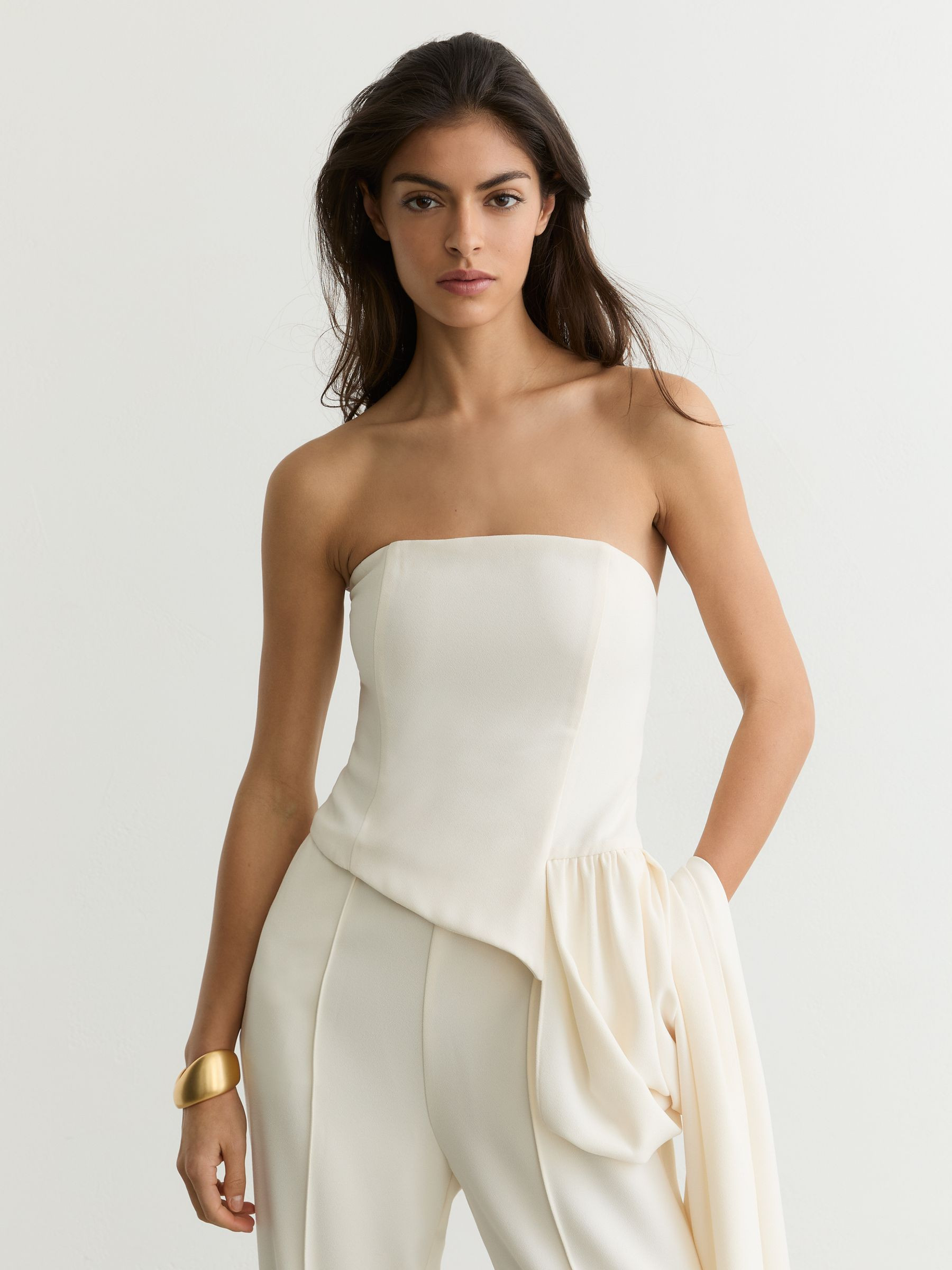 Reiss Strapless Drape Wide-Leg Jumpsuit in Ivory - REISS | Reiss UK
