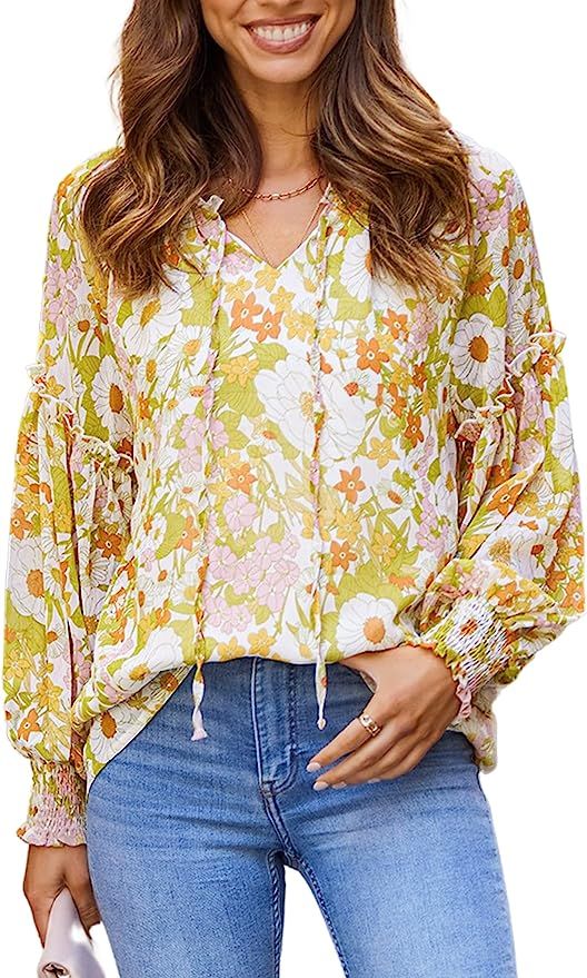 Angashion Womens Tops Casual Boho Floral Print V Neck Long Sleeve Blouses Loose Ruffle Shirts Tun... | Amazon (US)