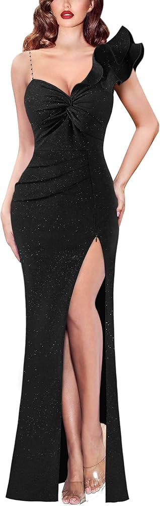 VFSHOW Womens Formal Prom Ruffle One Shoulder Strap Ruched Maxi Dress 2024 Sexy Twist Front Split... | Amazon (US)