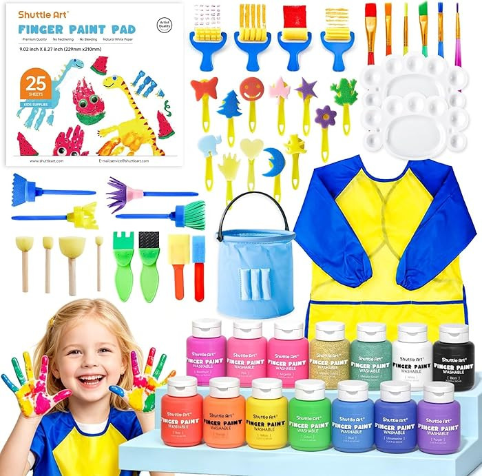 Shuttle Art Washable Finger Paint Set, 53 PCS with 14 Colors (2 fl oz), Paint Brushes, Sponge, Pa... | Amazon (US)