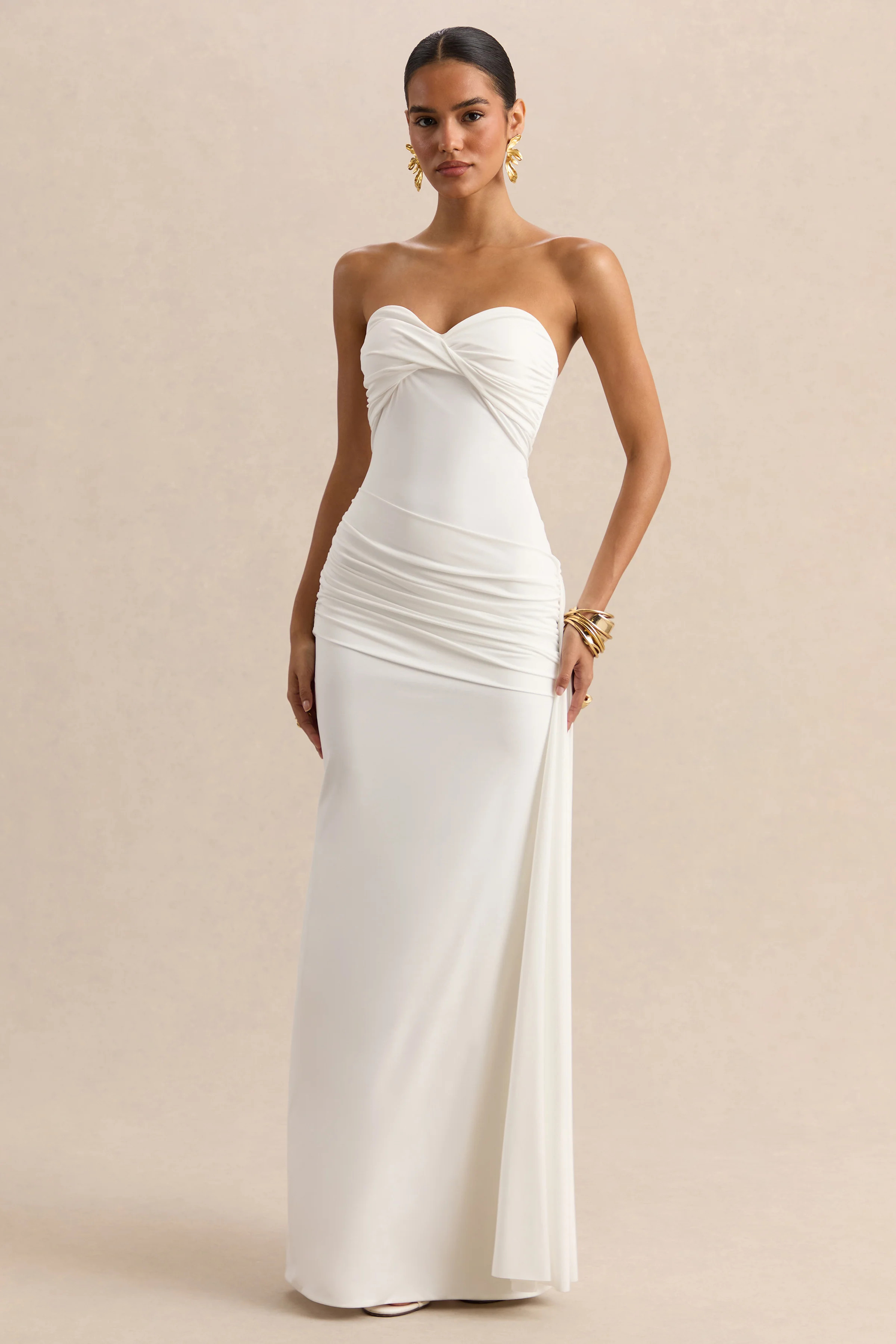 Liramine | White Bandeau Maxi-Dress With Gathered-Detailing And Sash | Club L London