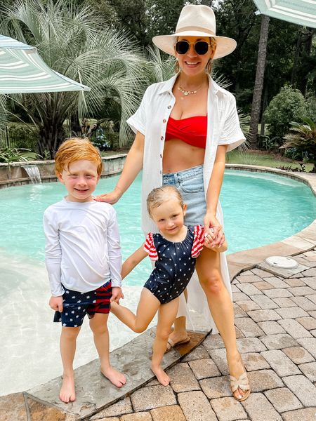 Amazon family 4th of July pool day outfits // Wearing an xs coverup, small in swimsuit, and 26 in shorts. I’m 5’2 for reference. Kids suits run tts.

#LTKSwim #LTKFamily #LTKStyleTip