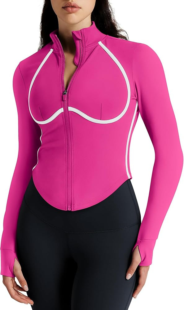 Women Workout Jacket Cropped Contrast Seam Zip Up Athletic Jacket Yoga Sportswear with Thumb Hole... | Amazon (US)