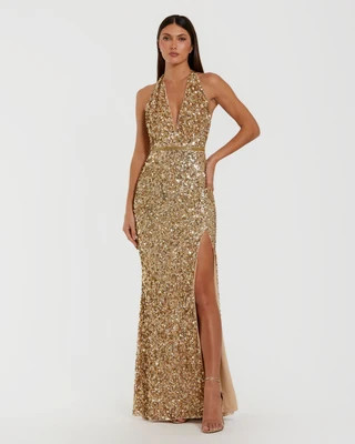 Gold Sequin Halter Column Gown | Mac Duggal