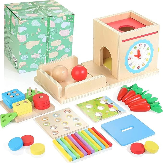 Kizfarm Wooden Montessori Baby Toys, 8-in-1 Wooden Play Kit Includes Object Permanent Box, Coin B... | Amazon (US)