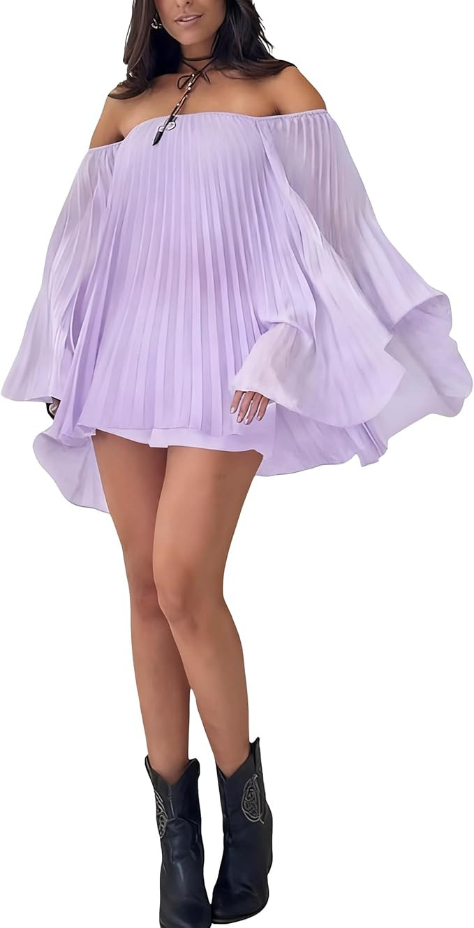 Ophestin Women's 2 Piece Pleated Outfits Off Shoulder Oversized 3/4 Cape Sleeve Shirt Shorts Set ... | Amazon (US)