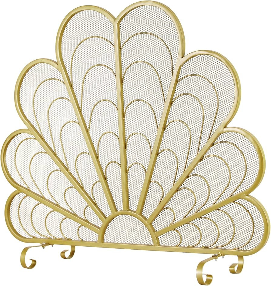 MyGift 38 x 32 Inch Peacock Feather Shaped Brass-Tone Metal Fireplace Screen on Elevated Curved L... | Amazon (US)