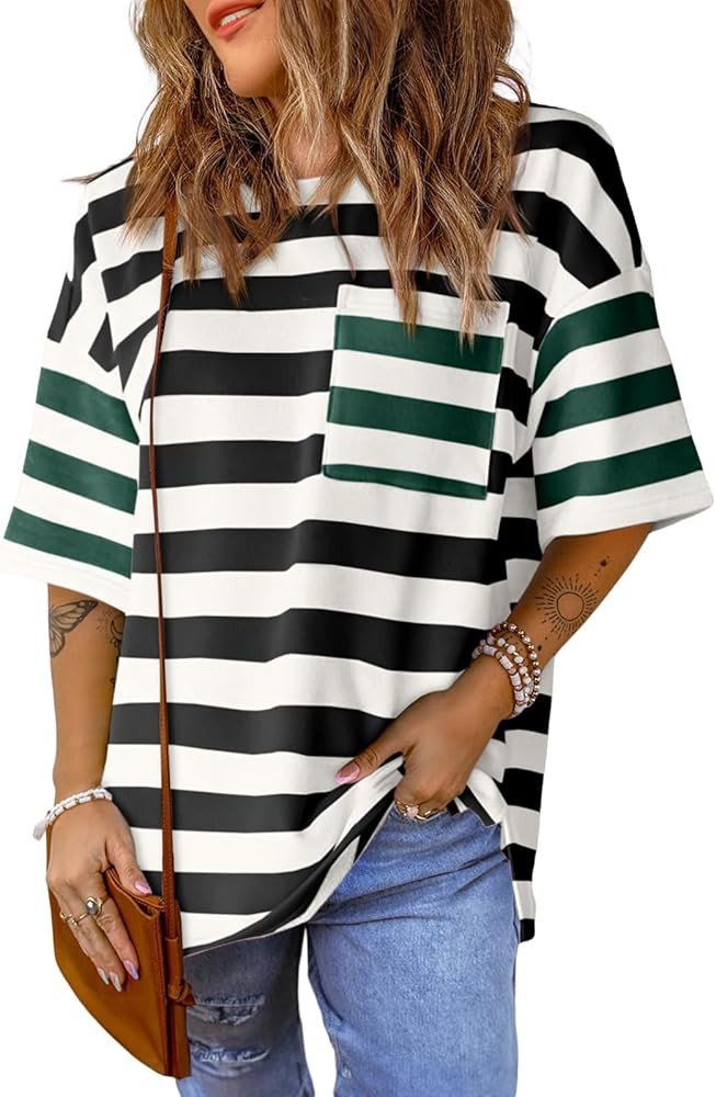 Womens Oversized Color Block Striped Tshirts Summer Casual Short Sleeve Tops Loose Fit Crew Neck ... | Amazon (US)