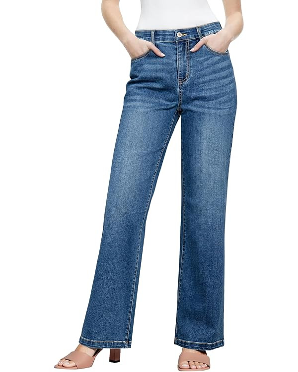 Sidefeel Women's Wide Leg Jeans High Waisted Tummy Control Stretchy Straight Leg Elastic Waist Tr... | Amazon (US)