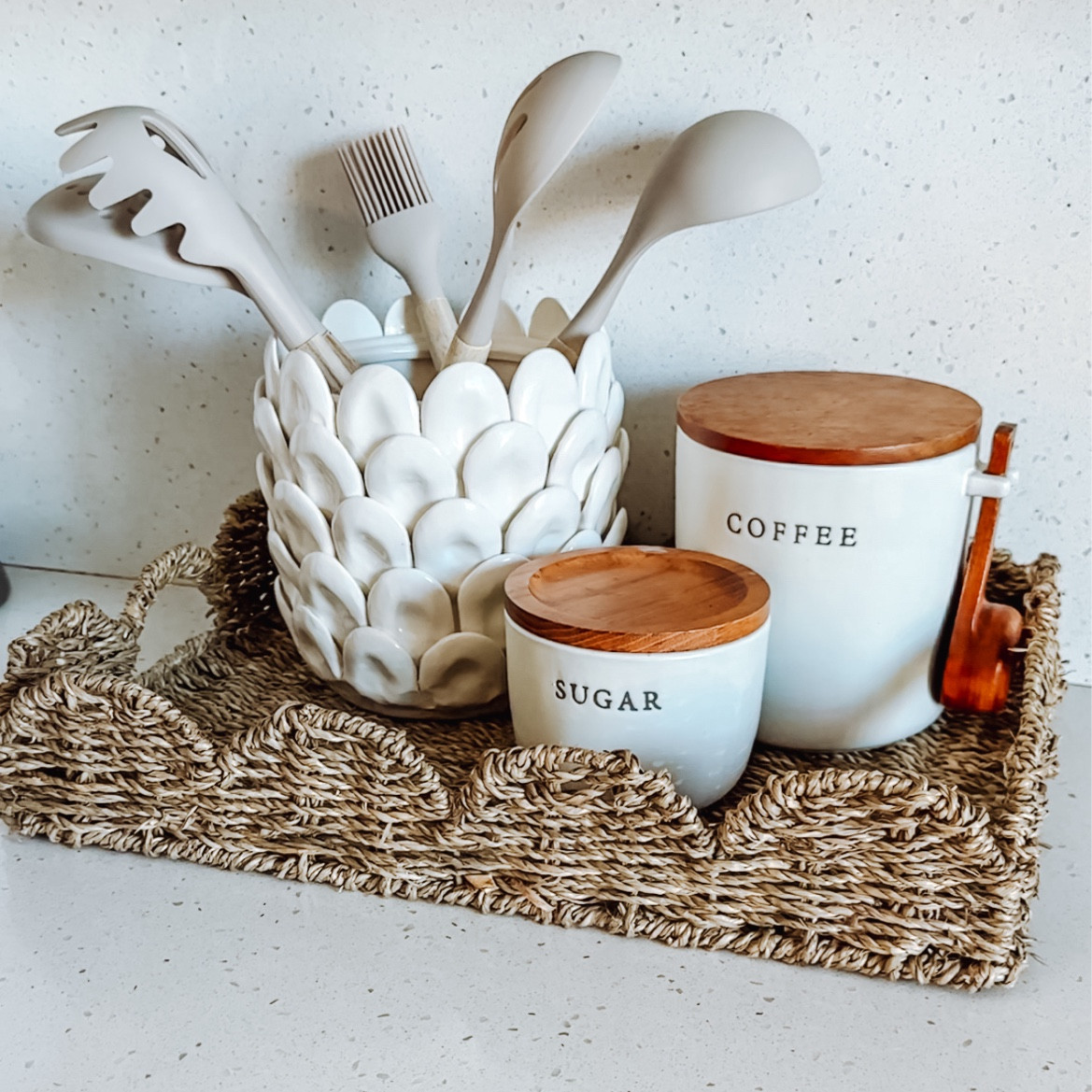 Amazon Find! Wicker Scallop Tray i styled in my kitchen.

#LTKFindsUnder50 #LTKStyleTip #LTKHome