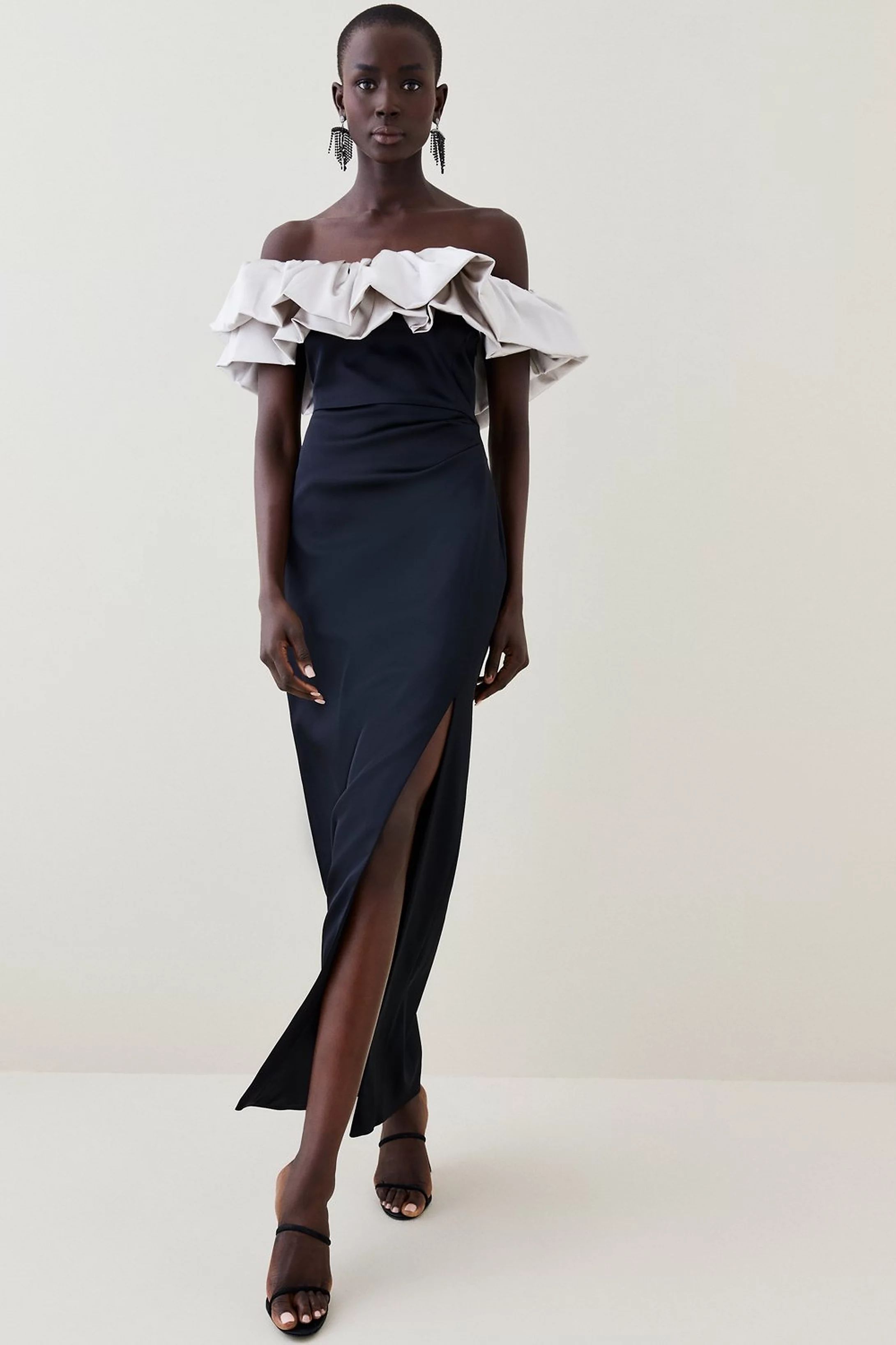 Italian Structured Satin Ruffle Bardot Maxi Dress | Karen Millen UK + IE + DE + NL