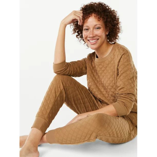 Joyspun Women's Quilted Long Sleeve Sleep Top and Jogger PJ Set, 2-Piece, Sizes up to 3X - Walmar... | Walmart (US)