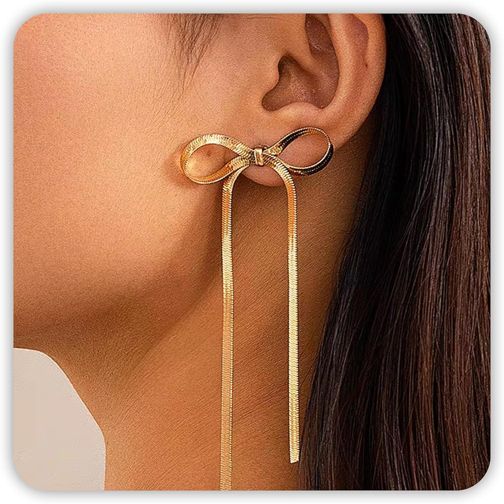 Gold/Silver Earrings for Women, Bow Drop Dangle Long Rhinestone Ribbon Threader Chain Stud Earrin... | Amazon (US)