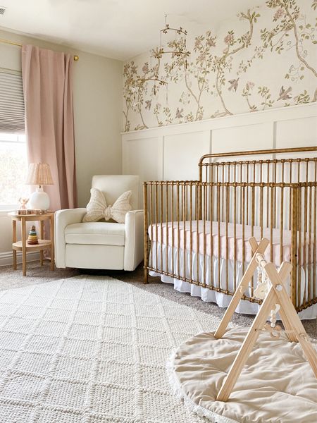 Vintage garden baby girl nursery. Cream, blush, natural wood tones and brass accents  

#LTKhome #LTKfamily #LTKbaby