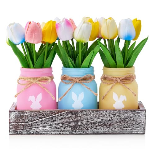 Bunny Mason Jar Spring Easter Table Decor, Centerpieces for Tables with Tulips Artificial Flowers, Farmhouse Wood Tray, 22 Pcs Easter Spring Decorations indoor for Home Office Table | Amazon (US)