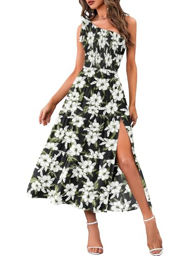 MEROKEETY Women's Summer One Shoulder Sleeveless Knot Smocked Midi Dress Split Tiered Flowy Dresses, BlackFloral, X-Large | Amazon (US)
