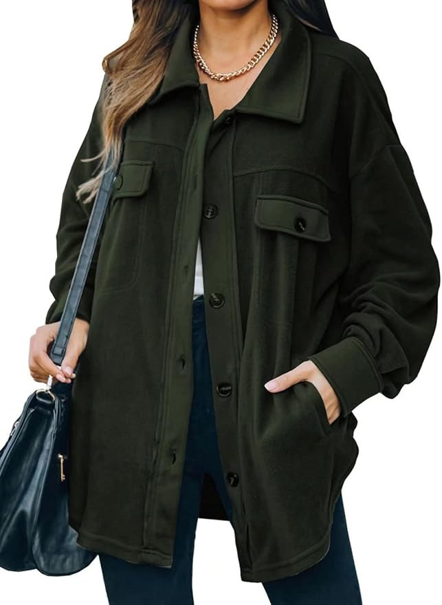 FARYSAYS Womens Button Down Shirts Shacket Jackets Mid Length Trench Pea Coat | Amazon (US)