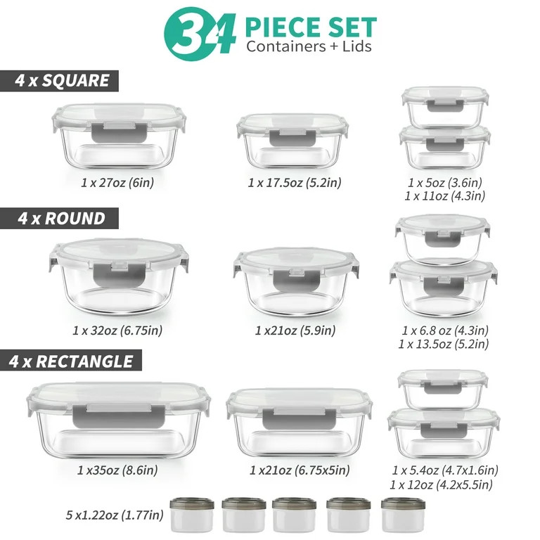 34pcs Glass Food Storage Containers with Lids Set, Airtight Meal Prep Containers (17 Containers &... | Walmart (US)