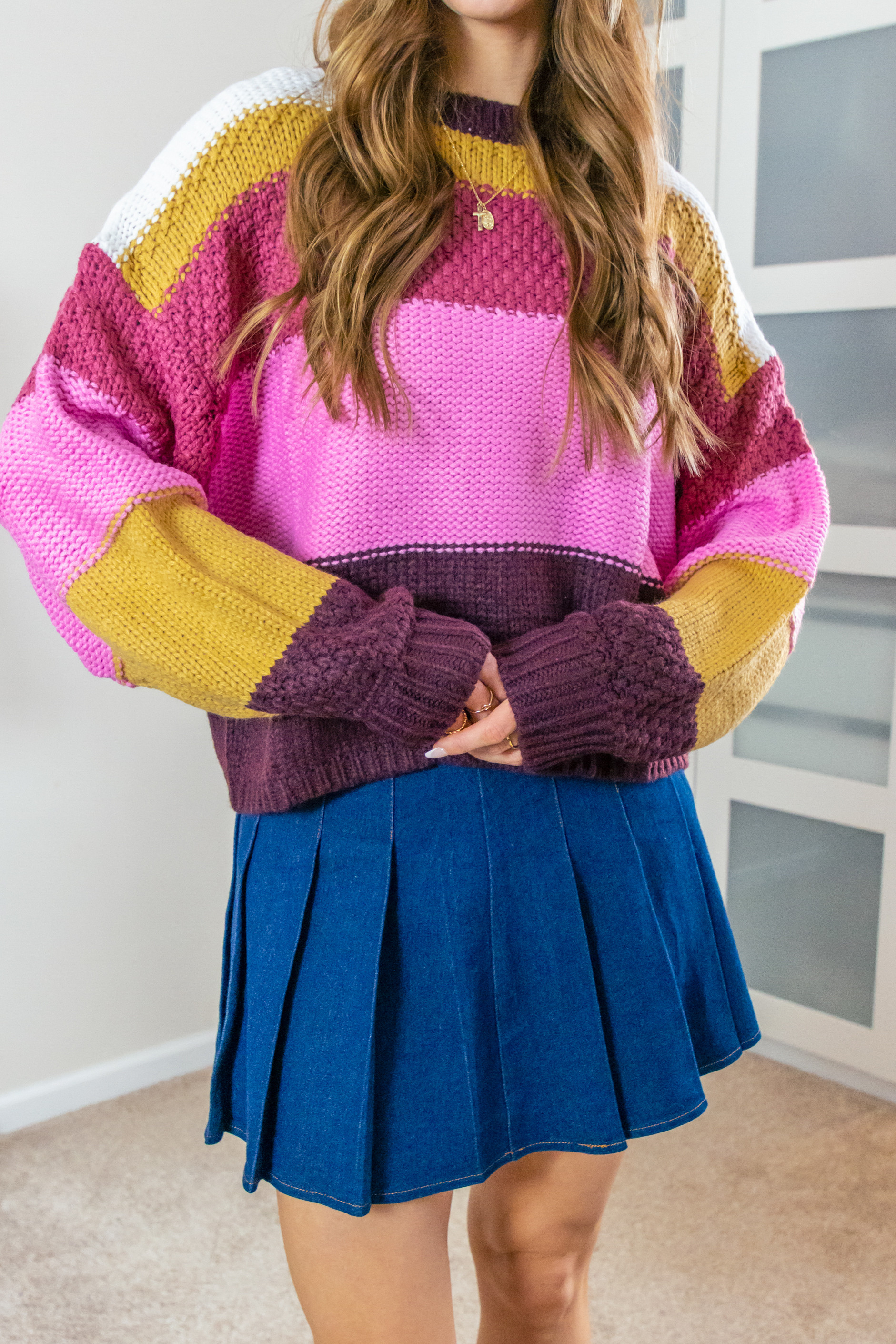 Rocking this color block cropped sweater with a denim skirt! Perfect for a casual day out. 🌸 I'm in a size medium for both the sweater and skirt. Check out my storefront for more outfit ideas! 
 

 #LTKootd #LTKSeasonal #LTKOver40