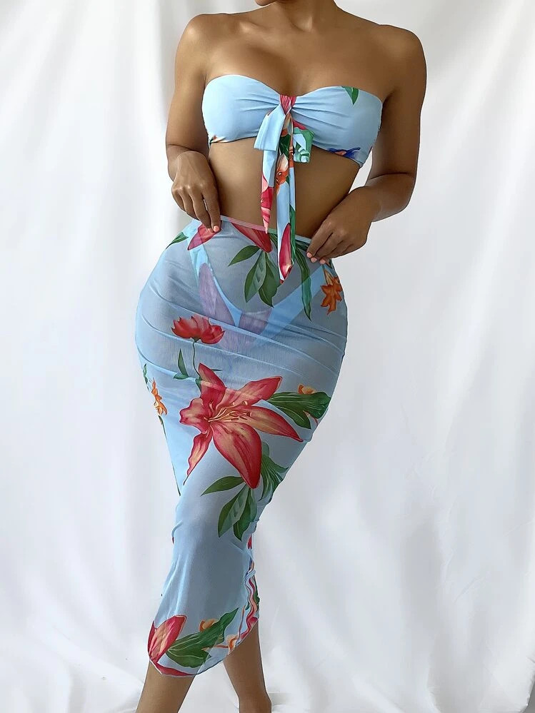 SHEIN Swim Summer Beach 3packs Floral Print Bandeau Bikini & Beach Skirt | SHEIN