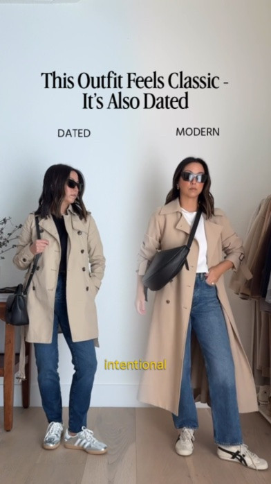 Update your trench, denim, crossbody, and sneaker fall outfit. 

Aritzia tee medium
Oak + Fort trench xxs in beige
Agolde 90’s mid rise straight. 25. Fit like a high rise. 
Amazon socks
Onitsuka Tiger sneakers 4 men’s
Everlane cashmere sweater xs
The Sak Tees bag large - looks like this size is sold out
YSL sunglasses