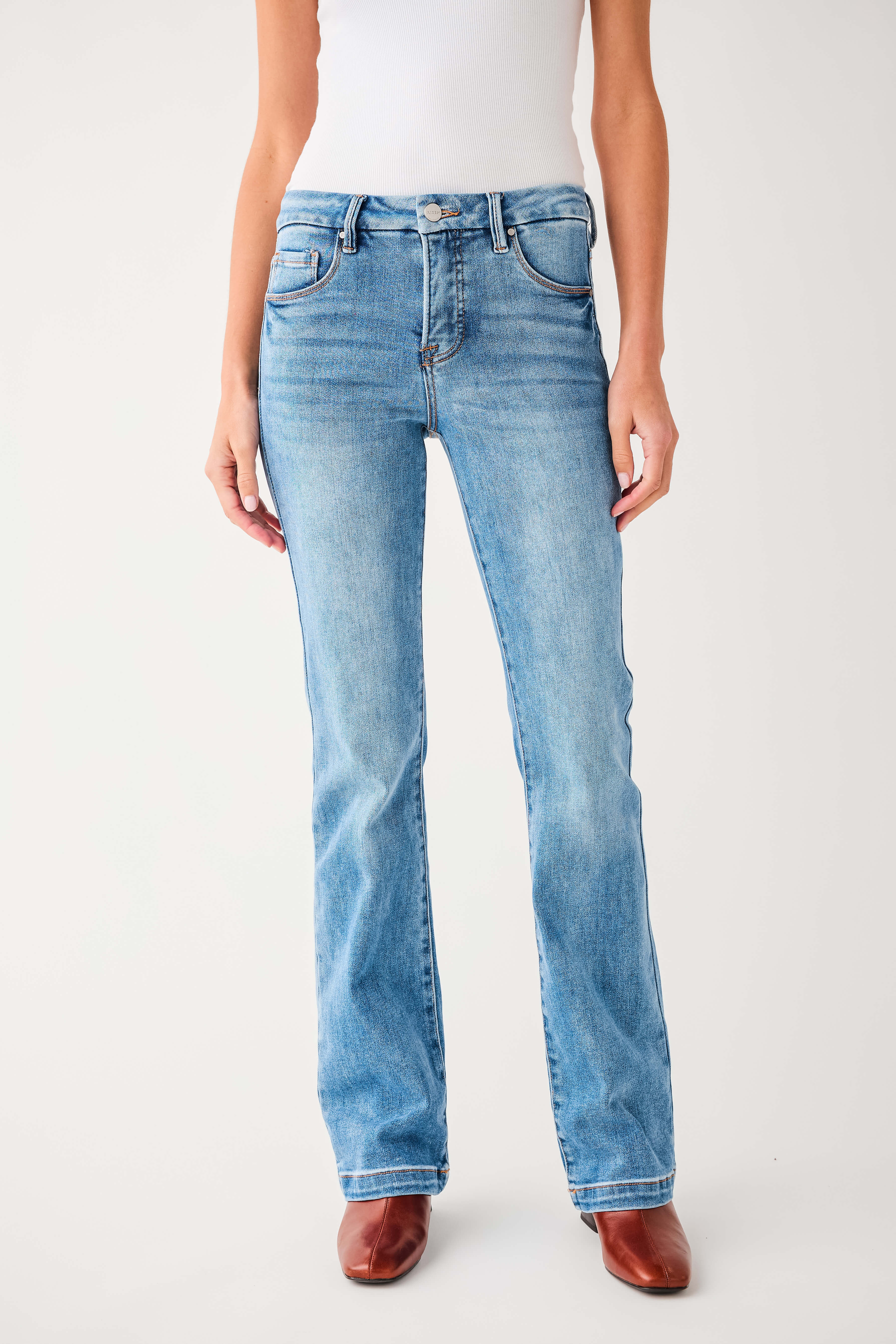 Risen Grace Mid Rise Baby Bootcut Jeans | Social Threads